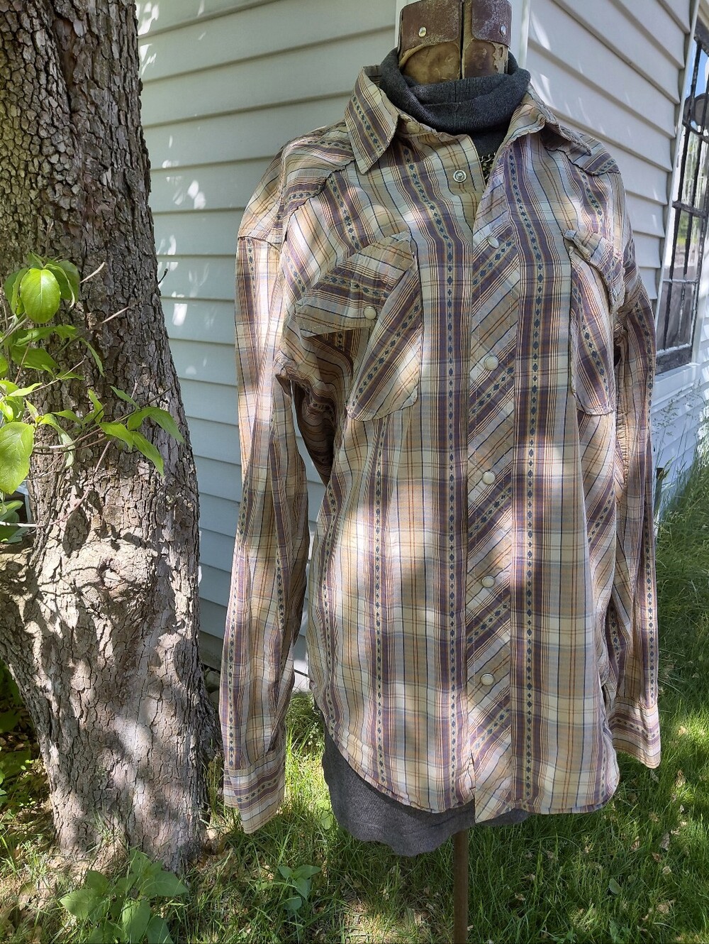 Lucky Brand western style pearl snap brown & navy blue plaid shirt Womens M - Picture 12 of 12